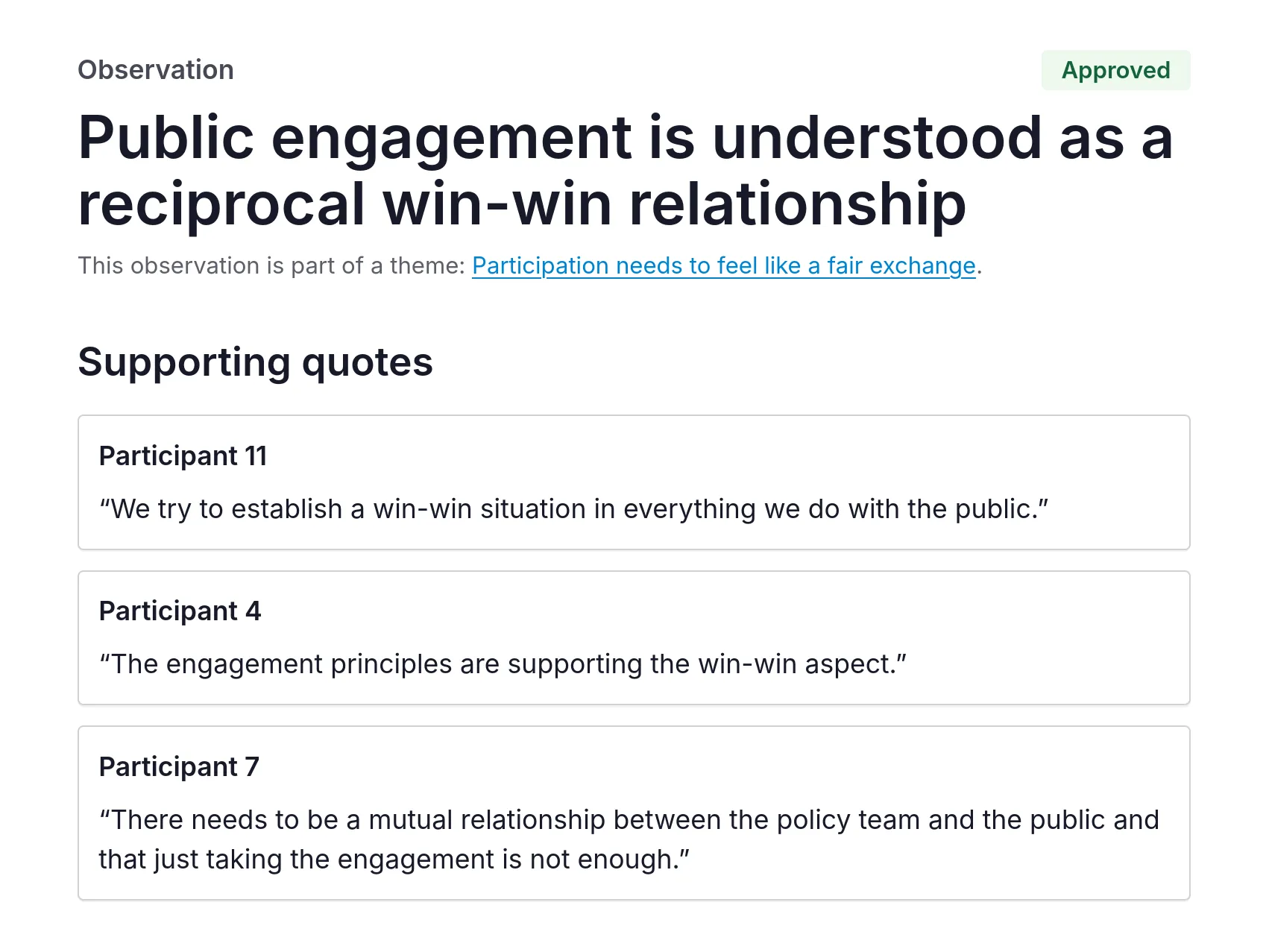 Product screenshot: approved observation linked to a theme and participant quotes.